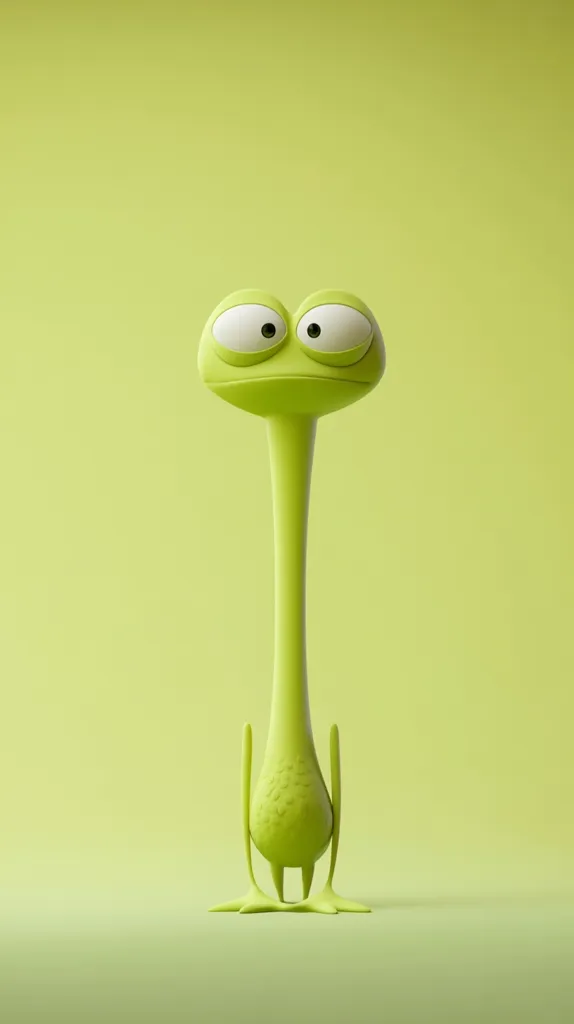 A whimsical, cartoonish creature stands against a pale green background.  Its body is a slender, elongated form with a small, frog-like head featuring large, expressive eyes.  The creature's posture suggests a sense of quiet contemplation or mild sadness.  The overall aesthetic is simple, smooth, and playful, evocative of children's animation or digital art.