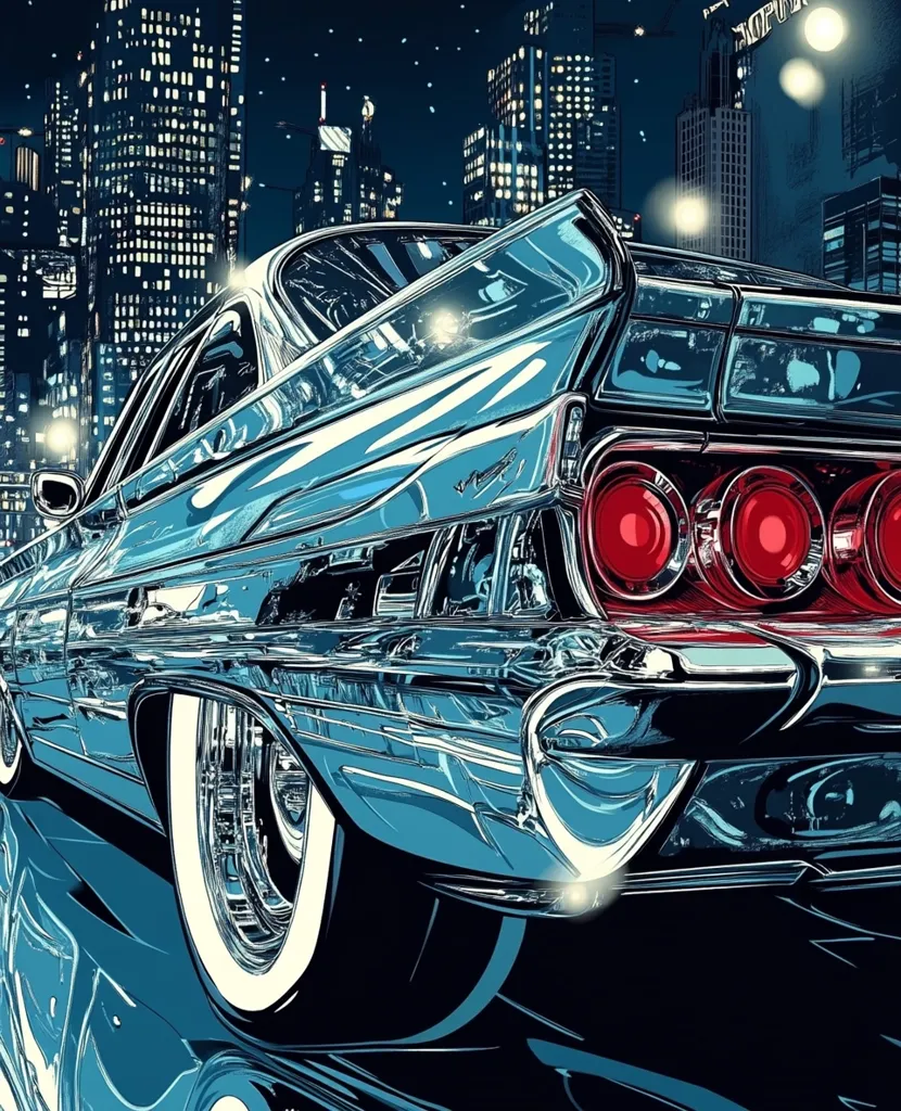 A vibrant illustration showcases a classic, chrome-laden car, its rear prominently displayed.  The vehicle, possibly a 1950s or 60s model, gleams under the city lights of a towering metropolis at night. The detailed artwork emphasizes the car's reflective surfaces and intricate details, set against a backdrop of skyscrapers and a starlit sky. The overall aesthetic is sleek and nostalgic, suggestive of a classic American car culture.