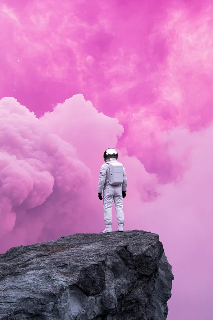 An astronaut in a white spacesuit stands on a rocky outcrop, gazing at a vibrant pink sky filled with voluminous clouds. The scene is surreal and dreamlike, with the intense pink hue dominating the background. The astronaut's solitary figure emphasizes the vastness and mystery of the alien landscape.  The contrast between the stark white suit and the intensely colored sky creates a visually striking image.