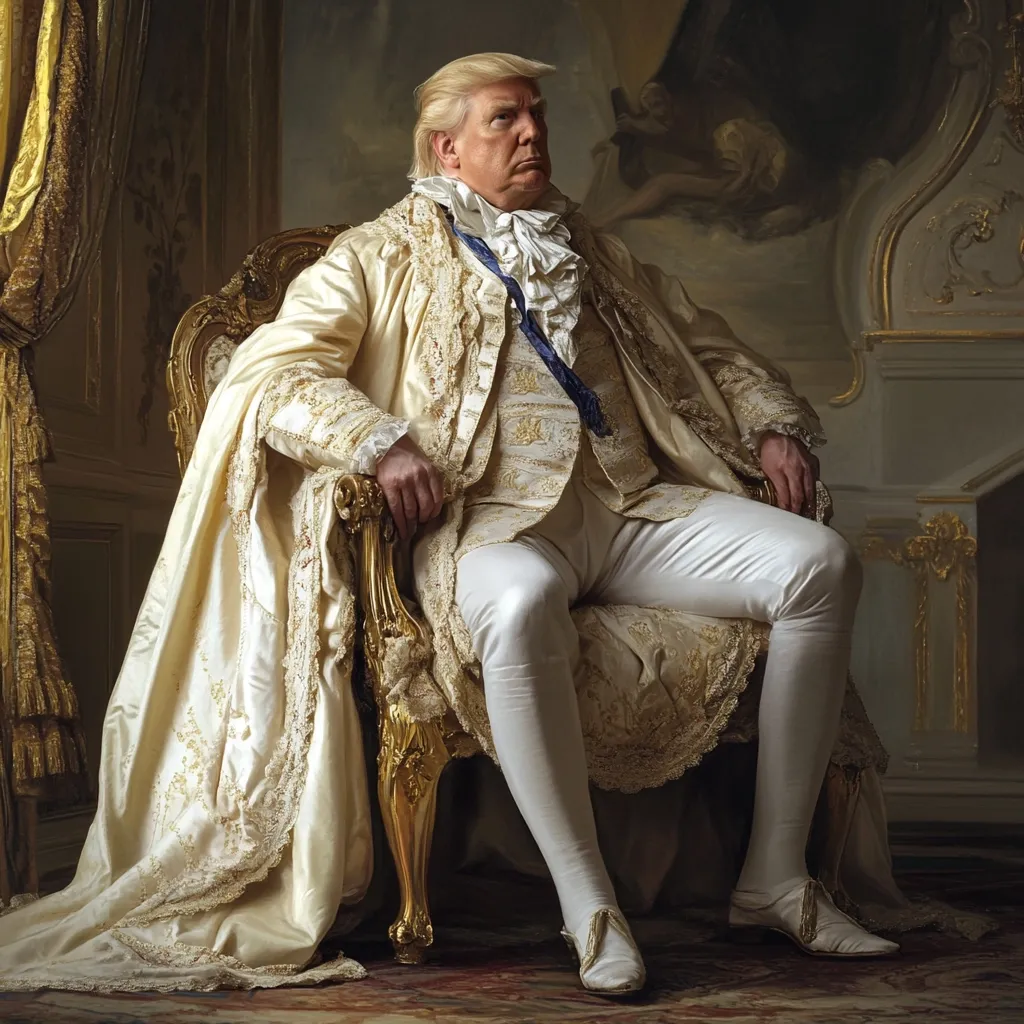 A portrait of Donald Trump, styled as an 18th-century monarch, sits regally in a gilded chair.  He is dressed in an ornate, cream-colored brocade robe and breeches, accessorized with a matching cravat.  His expression is serious, and his pose suggests power and authority. The opulent background further enhances the regal atmosphere, creating a striking visual juxtaposition.