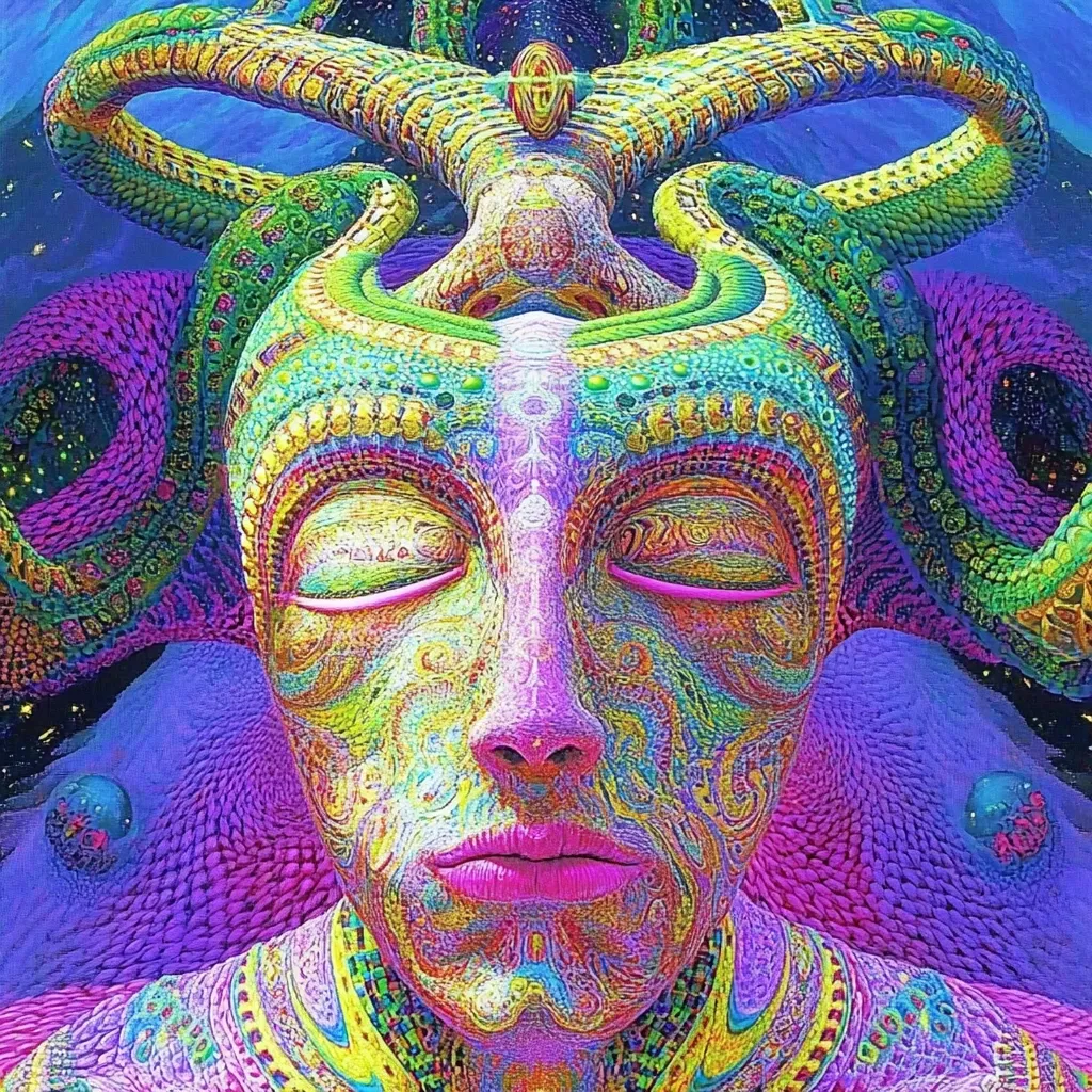 A psychedelic artwork depicts a serene face adorned with intricate, colorful patterns resembling ornate tribal designs.  The face is framed by a swirling, serpentine headdress that extends beyond the frame. Vibrant purples, greens, and yellows dominate the palette, creating a mesmerizing and otherworldly effect. The overall aesthetic suggests a spiritual or mystical theme.