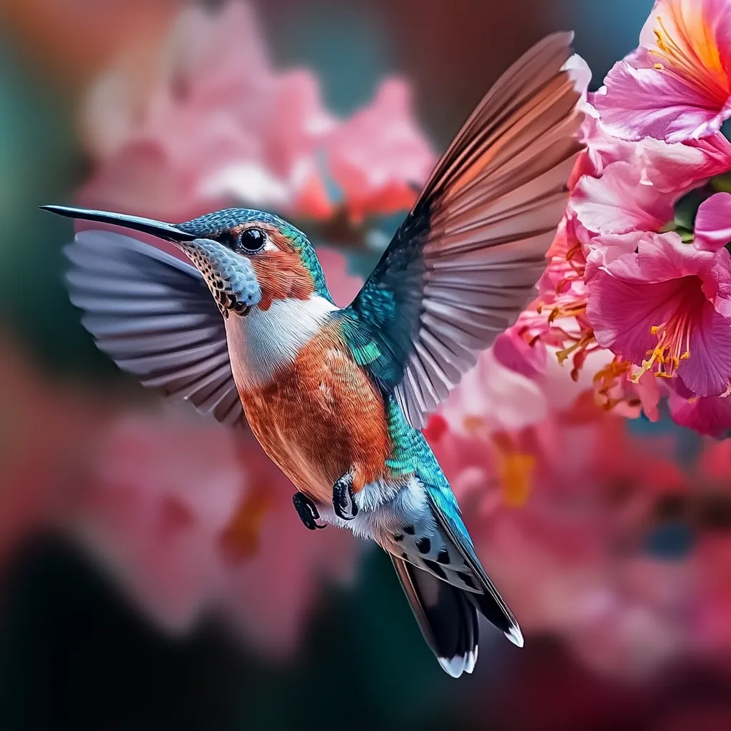 A vibrant hummingbird, with iridescent teal and rust-colored plumage, hovers mid-flight.  Its wings are outstretched, showcasing intricate details. The bird's long, slender beak is pointed forward. It is positioned against a blurred background of soft pink blossoms, creating a striking contrast of colors and textures. The image is sharp and detailed, highlighting the beauty of both the bird and the flowers.