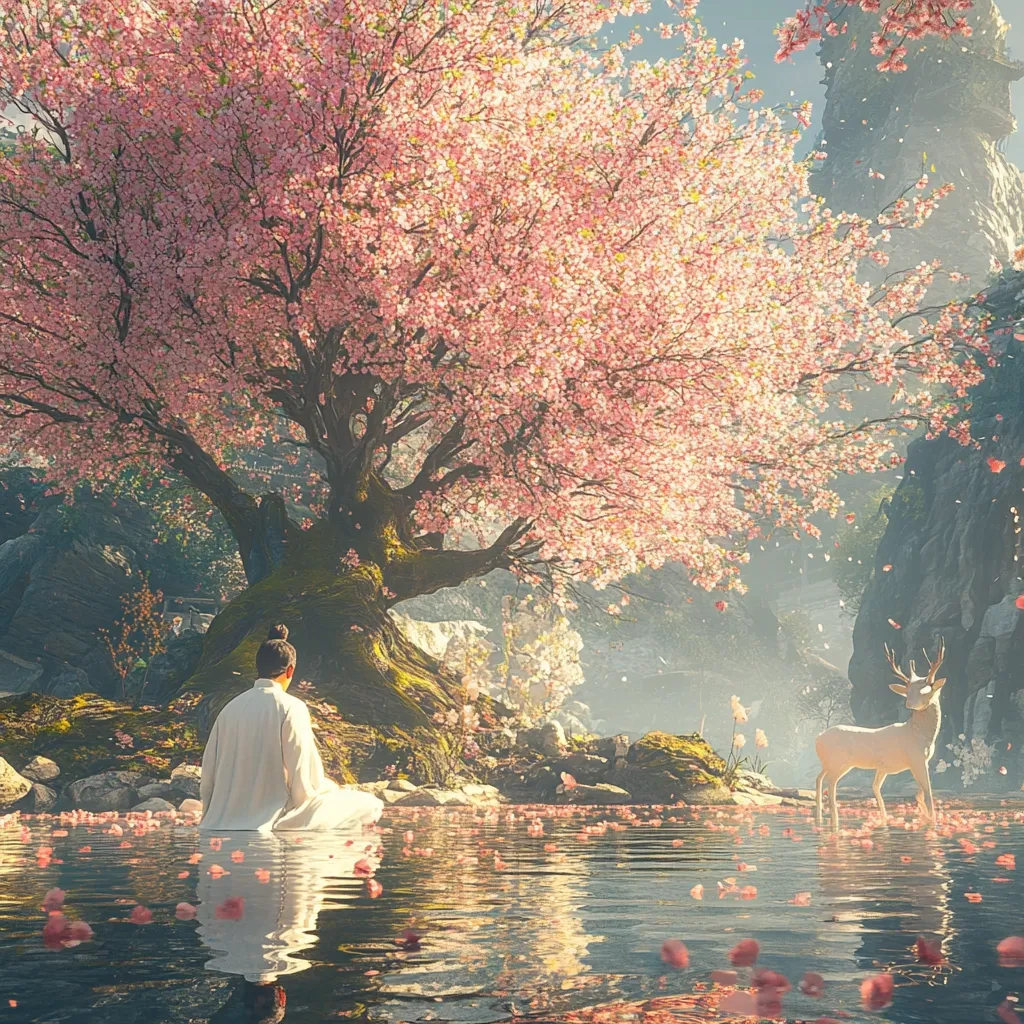 A serene digital painting depicts a person in white robes meditating by a tranquil pond.  Pink cherry blossoms fall from a large tree overhanging the water, where a white deer stands peacefully.  The scene is framed by rocky outcrops, creating a mystical and peaceful atmosphere.  The reflection of the blossoms and the person are mirrored in the still water.