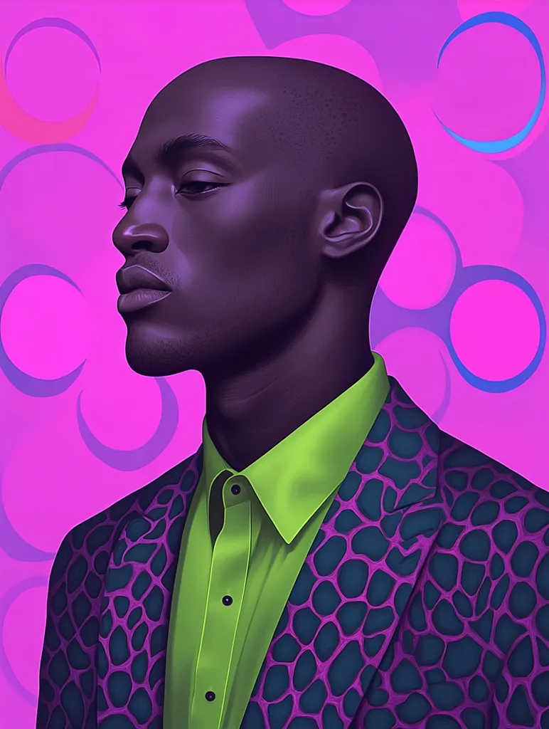 A stylized portrait of a bald, dark-skinned man in profile. He wears a vibrant lime green shirt under a purple jacket with a dark, mottled pattern resembling animal skin. The background is a bold pink with overlapping, translucent circles in varying shades of purple and blue, creating a dynamic and artistic contrast. The overall style is digitally rendered, with smooth shading and sharp lines.
