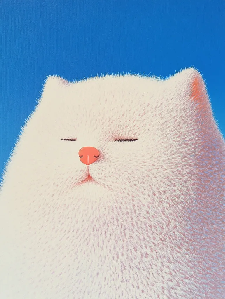 A close-up illustration depicts a fluffy white cat against a vibrant blue background.  The cat's eyes are closed, giving it a serene and peaceful expression. Its fur is meticulously detailed, appearing soft and plush. The overall style is minimalist, focusing on the texture and color contrast between the cat and the background.  The cat's small, pink nose is a subtle pop of color.