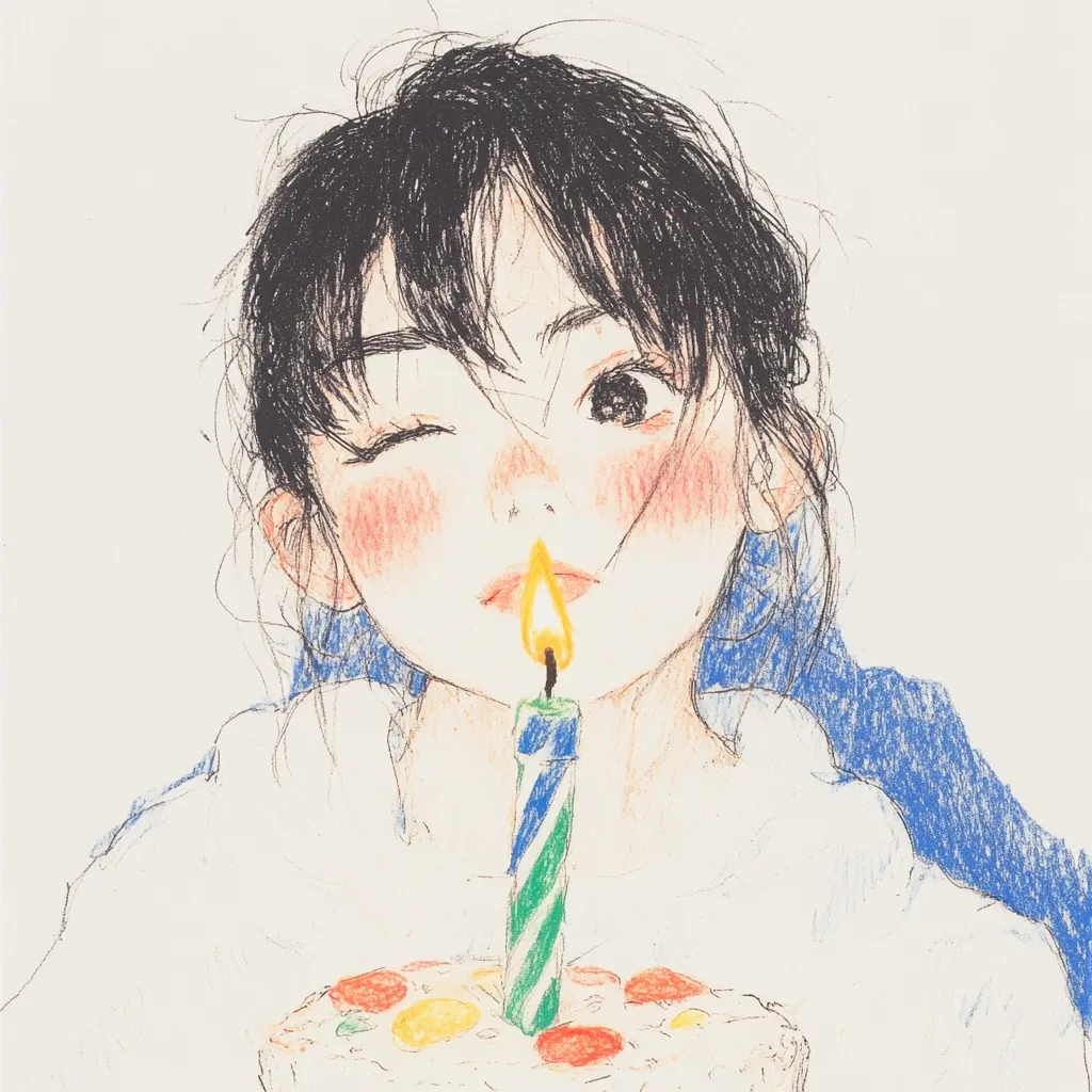 A whimsical illustration depicts a young girl with dark hair, rosy cheeks, and a playful wink.  She gently blows on a single, colorful, lit candle atop a small, round cake adorned with vibrant toppings. The artwork is rendered in soft, pastel colors with a textured, hand-drawn feel, conveying a sense of warmth and celebration.