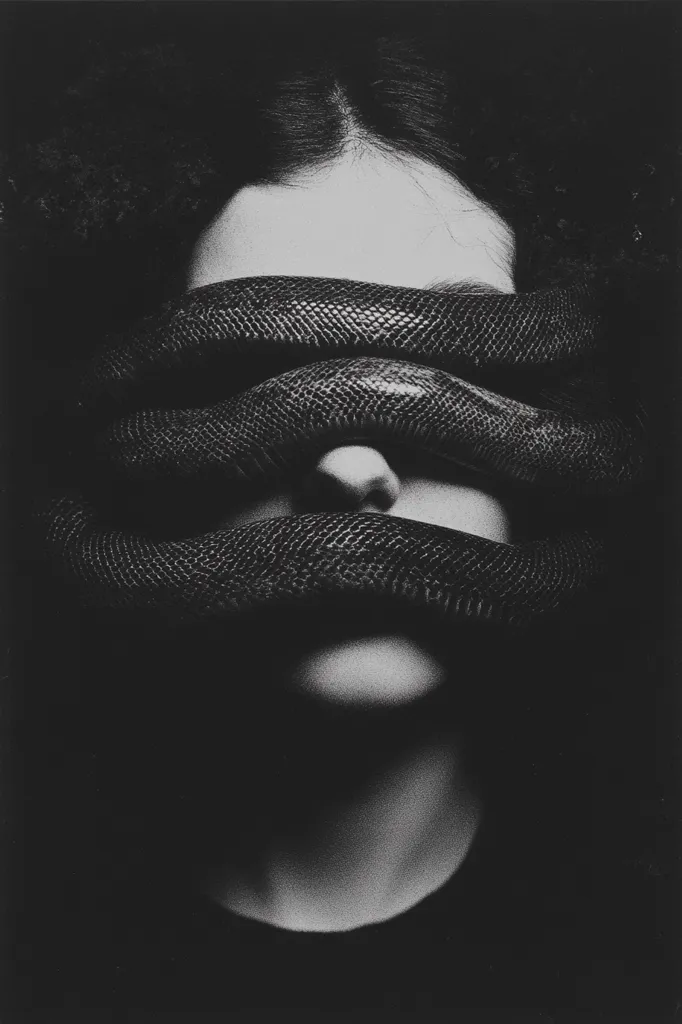 A black and white close-up photograph depicts a woman's face obscured by two large snakes wrapped around her eyes and mouth.  The snakes' textured scales are stark against the smooth skin.  The overall effect is dark, mysterious, and slightly unsettling, emphasizing the concealment and potential danger.  The image's high contrast and dramatic lighting heighten the mood.
