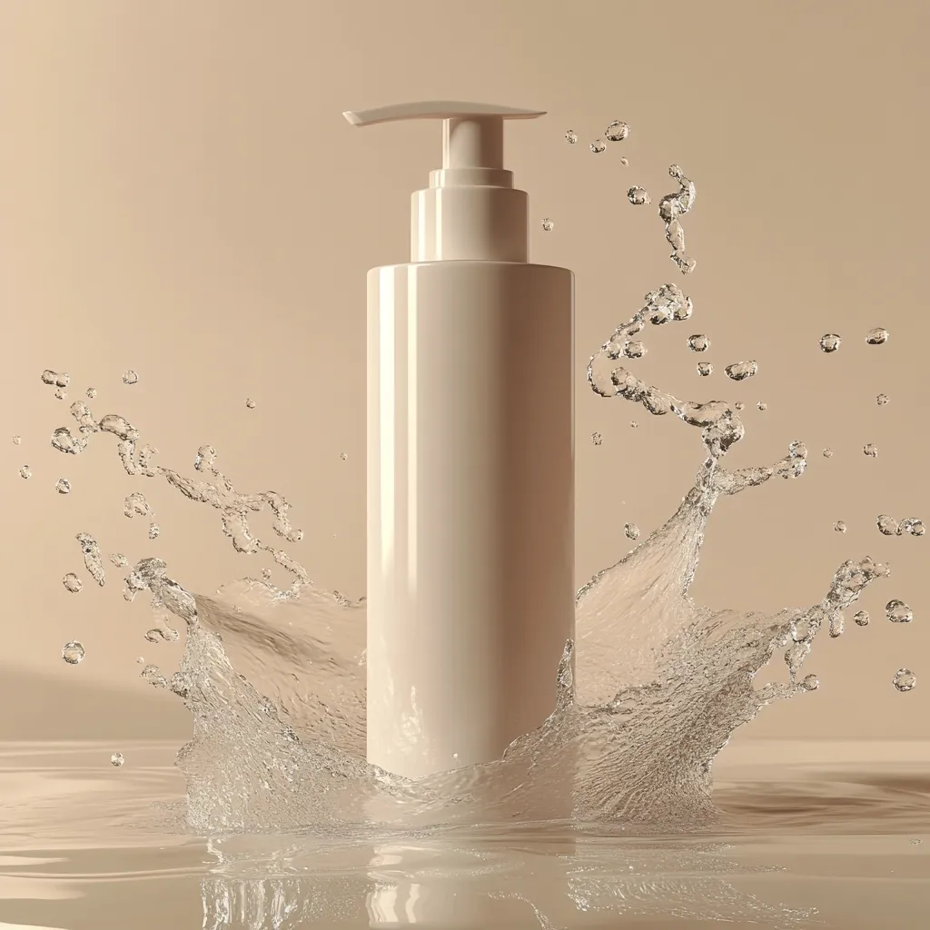 A sleek, off-white pump bottle sits at the center of a water splash against a muted beige background.  The bottle is cylindrical with a minimalist design, appearing clean and modern. The water droplets are captured mid-motion, creating a dynamic contrast to the still bottle. The overall aesthetic is calming and suggestive of skincare or beauty products.