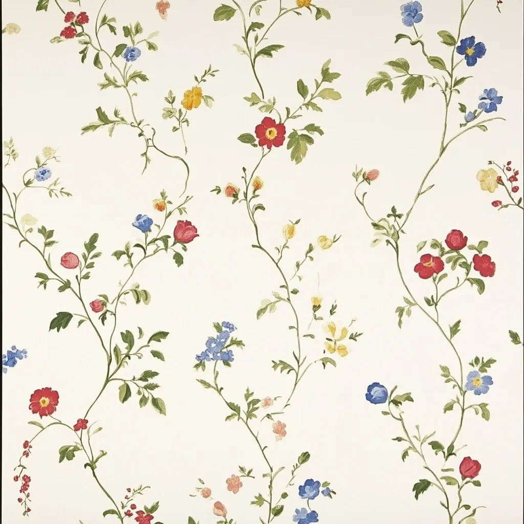 A delicate floral wallpaper features a repeating pattern of slender, winding stems adorned with small blossoms in shades of red, pink, blue, and yellow.  The flowers are scattered sparsely across a creamy white background, creating a light and airy aesthetic. The style is reminiscent of vintage botanical illustrations, offering a charming and understated design.