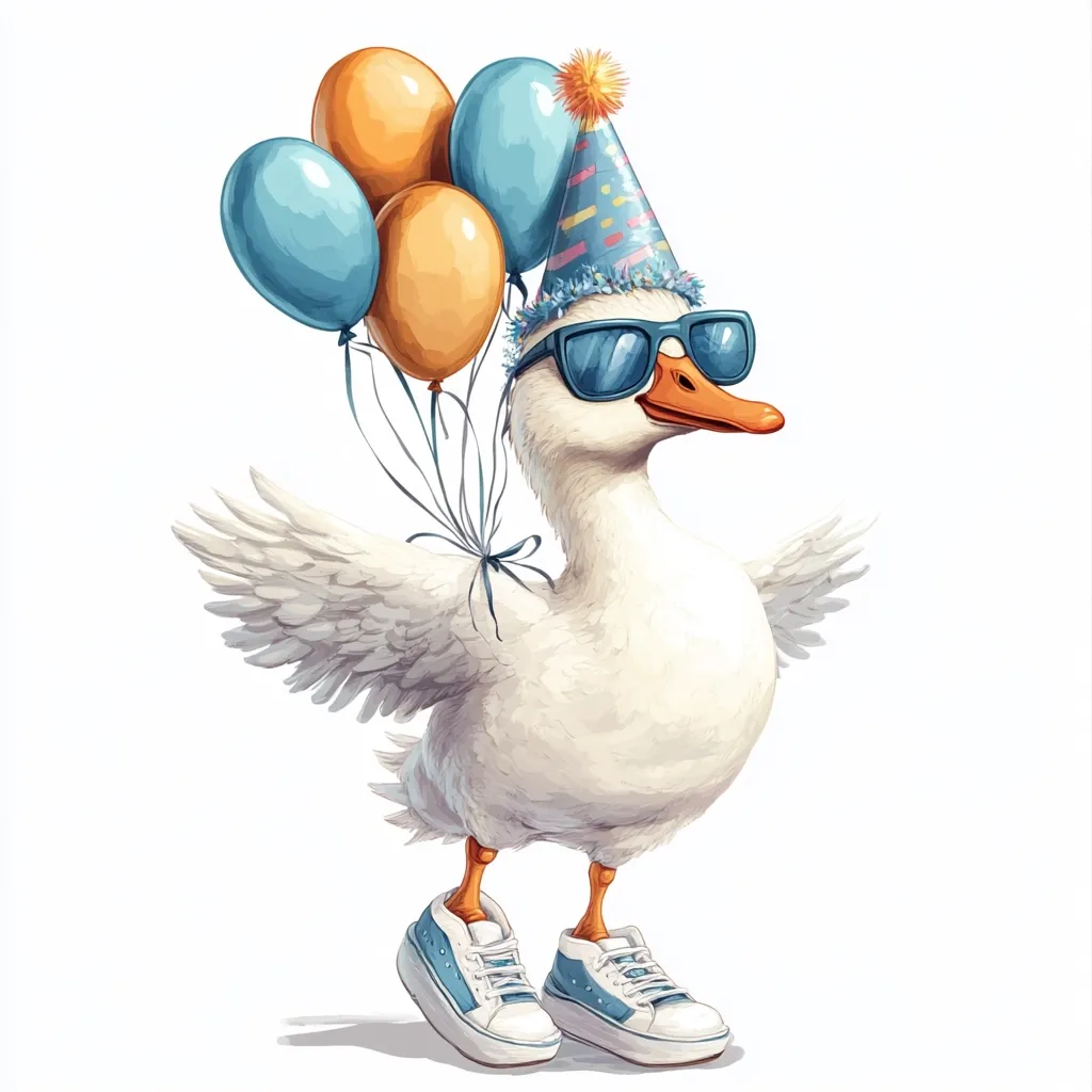 A stylish white goose celebrates with a party hat, sunglasses, and colorful balloons.  It's wearing light blue sneakers and its wings are outstretched. The image is digitally painted, with a whimsical and cheerful style, perfect for a birthday card or children's illustration.