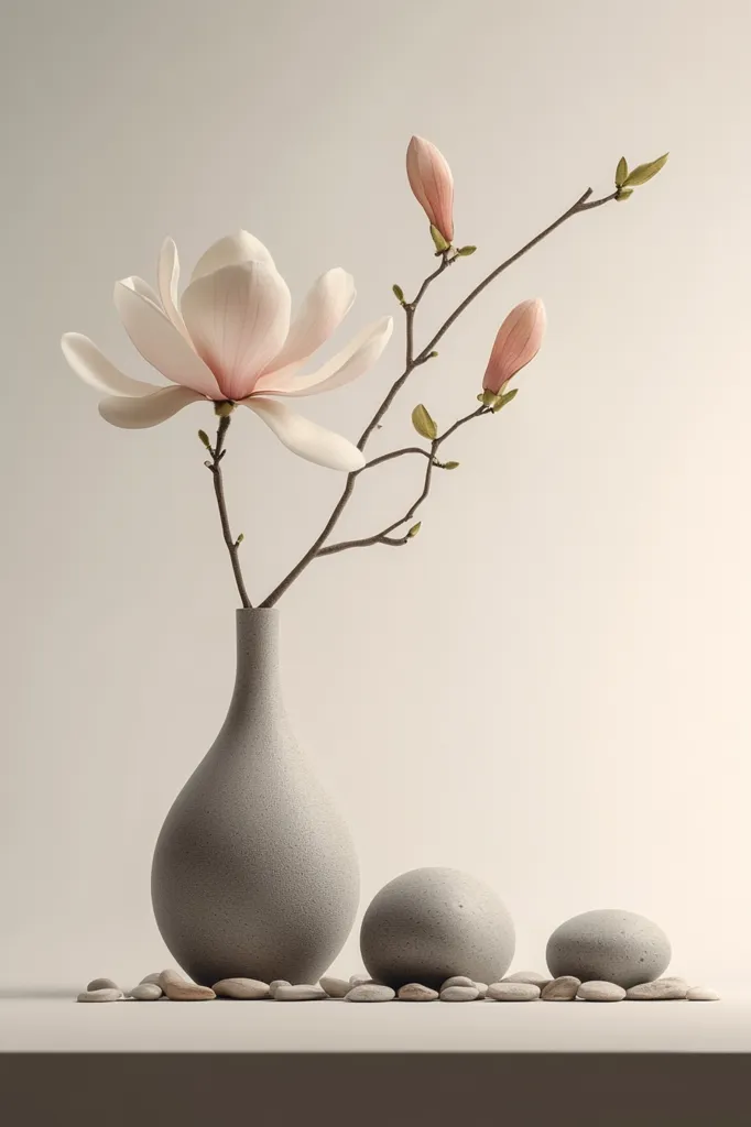 A minimalist still life features a pale pink magnolia blossom and buds arranged in a grey vase.  The vase sits on a surface adorned with small, smooth stones. Two larger, similarly colored stones rest near the vase, creating a serene and balanced composition against a neutral background.  The overall aesthetic is calm and elegant.