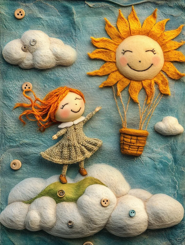 A whimsical needle-felted scene depicts a girl with vibrant red hair standing on a fluffy cloud.  She gazes at a smiling sun-shaped hot air balloon ascending in a light blue sky.  The artwork is adorned with small buttons, adding a charming, handcrafted touch. The overall feeling is one of cheerful innocence and imaginative flight.