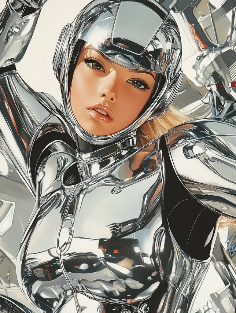 A close-up illustration showcases a woman's face, partially obscured by a gleaming chrome helmet.  Her blonde hair peeks out from beneath, and her expression is subtly alluring.  The highly reflective chrome suit reflects the surrounding environment, creating a striking contrast between the human features and the metallic shell. The image is meticulously detailed, emphasizing the textures and reflections on the chrome surface.