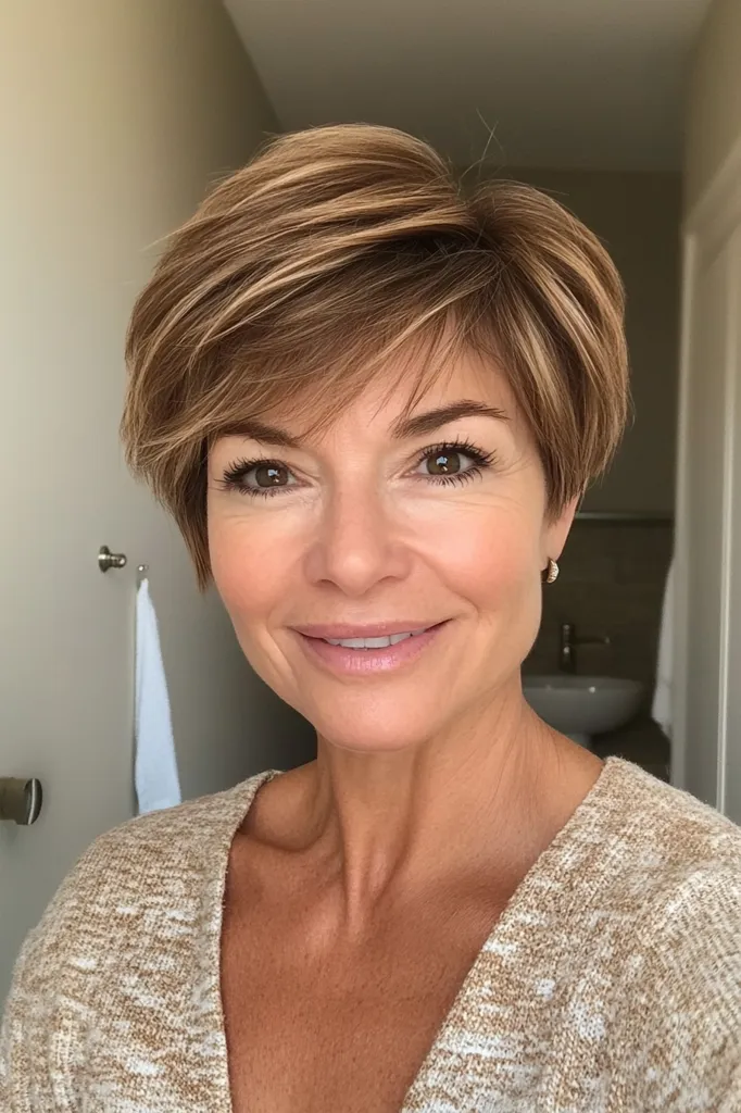 A middle-aged woman with a stylish, short, layered haircut smiles warmly at the camera.  Her light brown hair features subtle highlights, framing a face with soft makeup and kind eyes. She wears a light beige cardigan. The background suggests a bathroom setting, though the focus remains on her.  The overall impression is one of approachability and natural beauty.