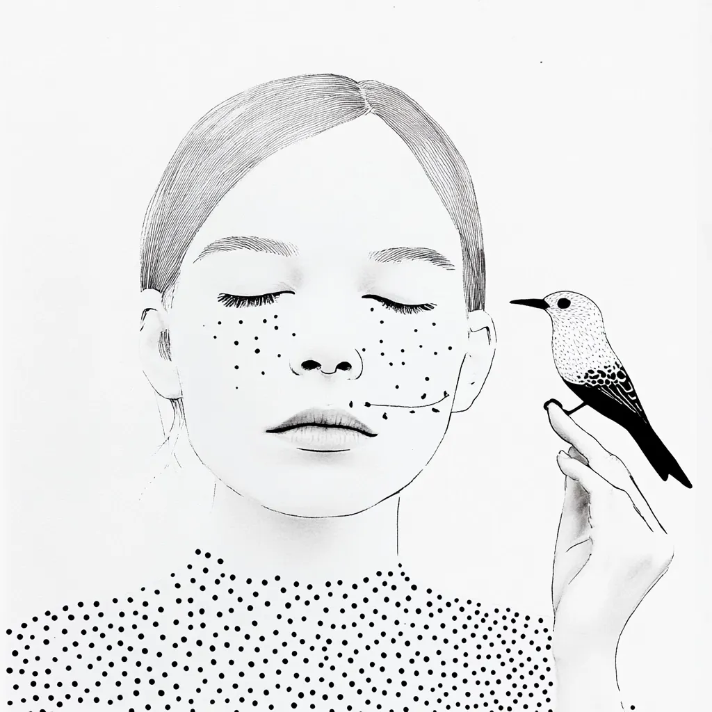 A serene black and white illustration depicts a young woman with closed eyes, her face adorned with delicate freckles and a small branch-like detail.  A tiny bird perches gently on her outstretched finger. The woman wears a polka-dotted top, adding to the image's minimalist aesthetic. The overall mood is peaceful and contemplative.