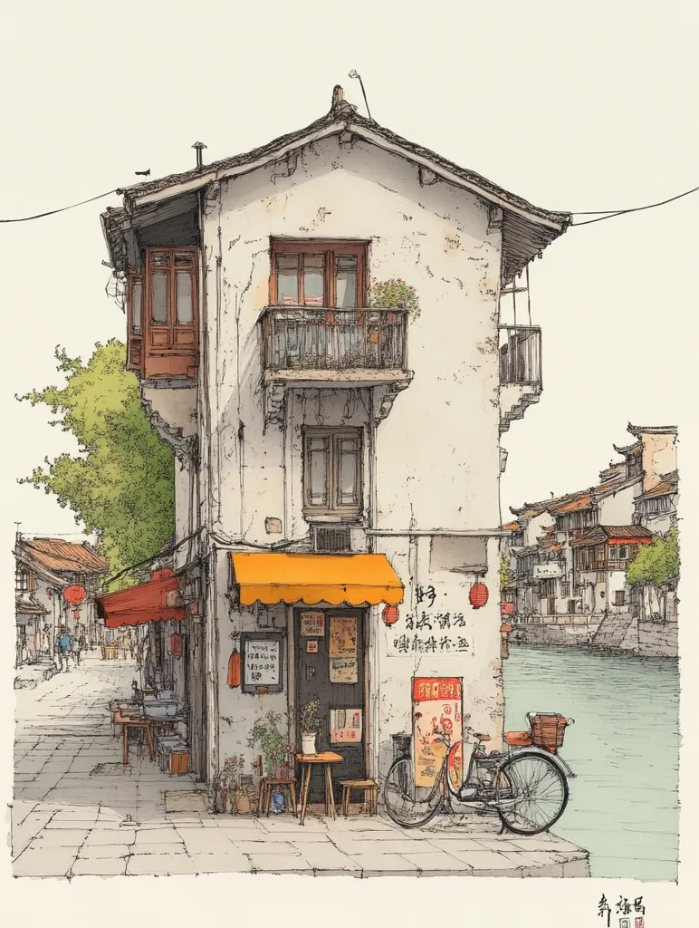 A charming illustration depicts a quaint two-story shop nestled on a canal-side street.  The building, exhibiting weathered charm, features a balcony and an orange awning.  Outdoor seating is visible, and a bicycle rests nearby.  Traditional Chinese architecture lines the waterway, creating a peaceful, atmospheric scene. The style is detailed and evocative, reminiscent of a pen-and-ink sketch.
