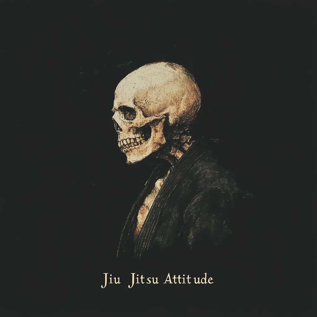 A stylized image depicts a skull in profile, seemingly wearing a Jiu Jitsu gi.  The skull's features are detailed, rendered in sepia tones against a stark black background.  The overall mood is dark and serious, conveying a sense of unwavering determination and resilience, epitomized by the phrase "Jiu Jitsu Attitude" below.  The art style suggests a blend of realism and artistic interpretation.