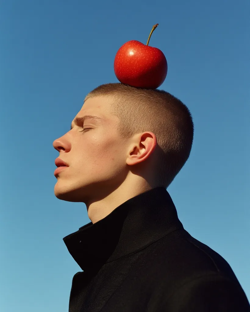 Close-up profile view of a young man with short, light brown hair.  A single, bright red cherry rests atop his head. He's wearing a black collared coat, and his eyes are closed. The background is a clear, vibrant blue sky. The image is minimalist and aesthetically pleasing.