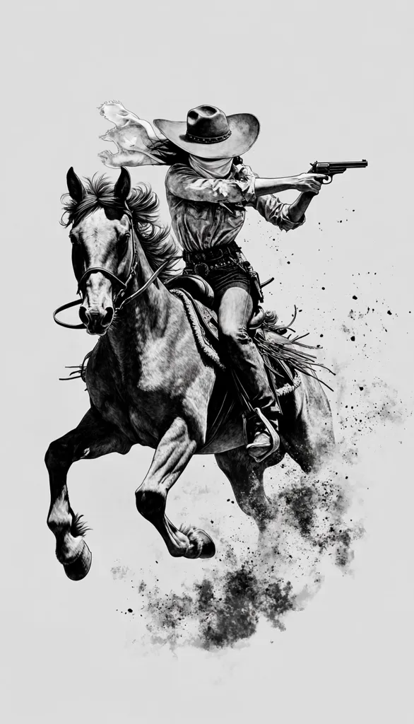A black and white illustration depicts a cowgirl riding a horse at full gallop.  She wears a wide-brimmed hat and a scarf billows behind her.  The cowgirl is aiming a revolver, her face obscured. Dust and motion blur emphasize the speed and dynamic action of the scene, creating a powerful and dramatic image. The style is reminiscent of classic Western illustrations.