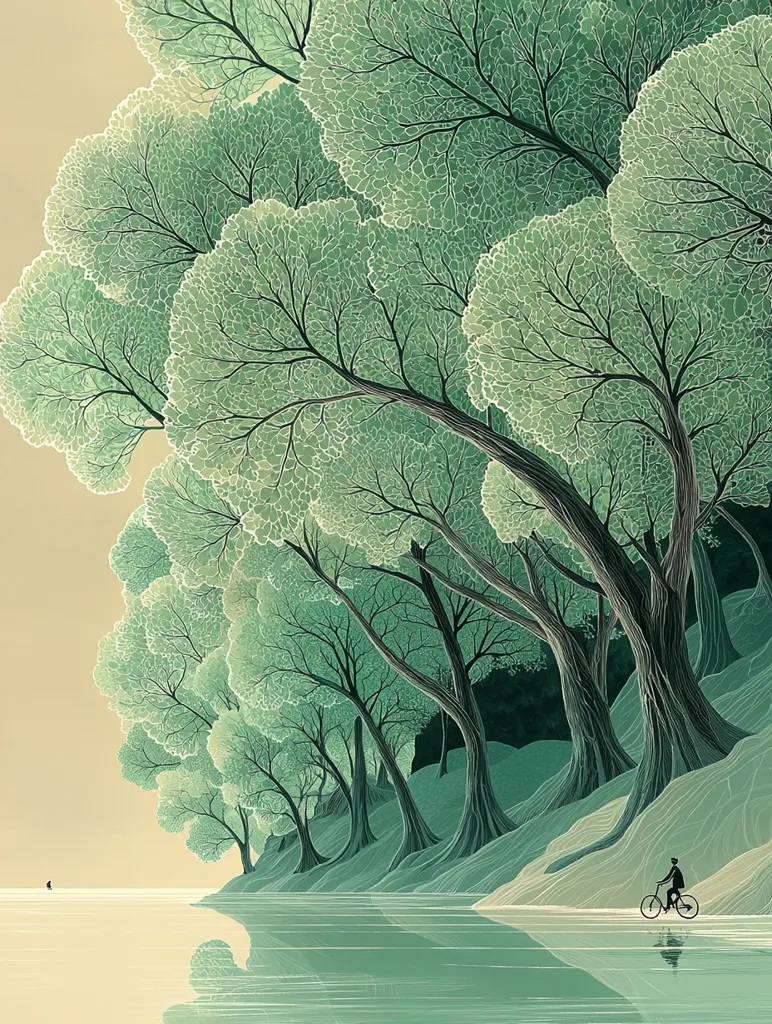 A serene illustration depicts a tranquil scene. Lush, stylized trees with delicate, light-green leaves line a calm body of water. Their branches arch gracefully over a gently sloping bank. A lone cyclist pedals along a path beside the water, adding a sense of peaceful solitude to the image. The overall style is reminiscent of detailed botanical artwork. The colors are muted and calming, creating a harmonious and peaceful atmosphere.