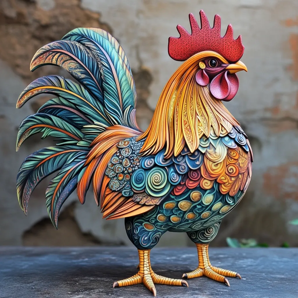 A meticulously crafted rooster sculpture is showcased.  Its plumage is a vibrant tapestry of teal, orange, and gold, intricately detailed with swirling patterns and textures. The comb is a striking crimson.  The piece exhibits exceptional artistry, likely handcrafted, with a remarkable level of detail in both color and form. The rooster stands proudly, its pose suggesting strength and vitality.