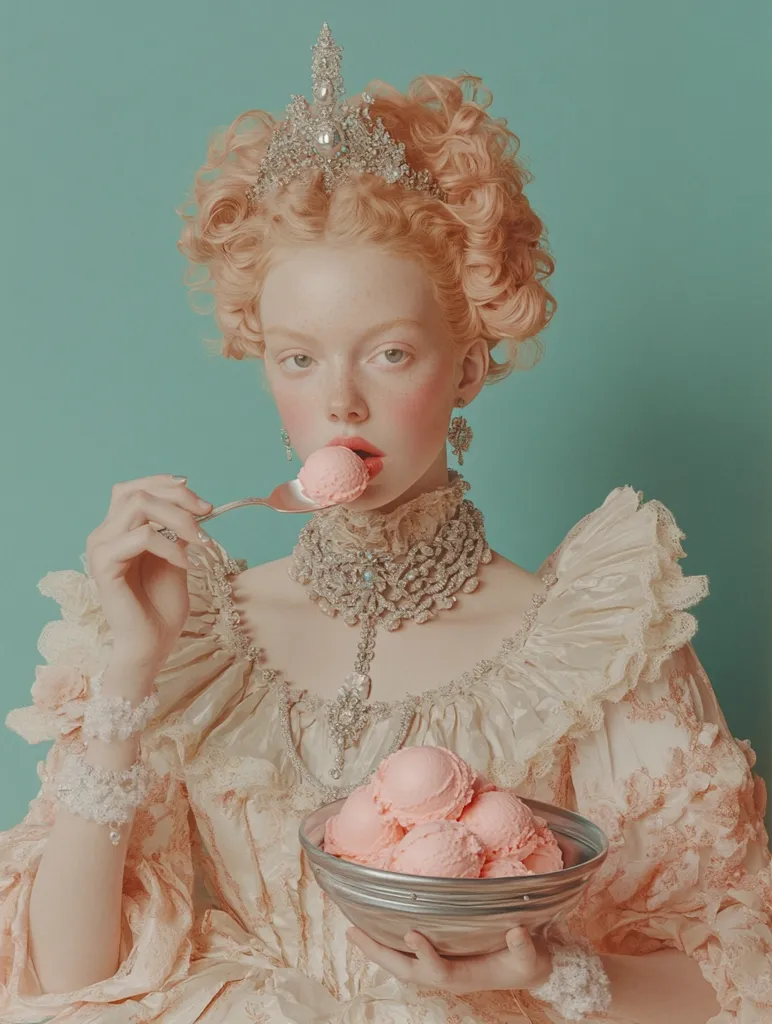 The image depicts a young woman in rococo-style attire against a serene teal backdrop. She sports a voluminous, strawberry-blonde wig adorned with a sparkling tiara. Her pale complexion is accented by rosy cheeks and red lipstick. A lavish lace collar with a jeweled pendant cascades down her chest.

She holds a bowl brimming with scoops of pale pink ice cream, delicately lifting a spoonful to her lips. Her dress is a confection of cream-colored fabric, embellished with ruffles, lace, and delicate floral patterns. The overall effect is a dreamy and opulent portrayal of decadence.