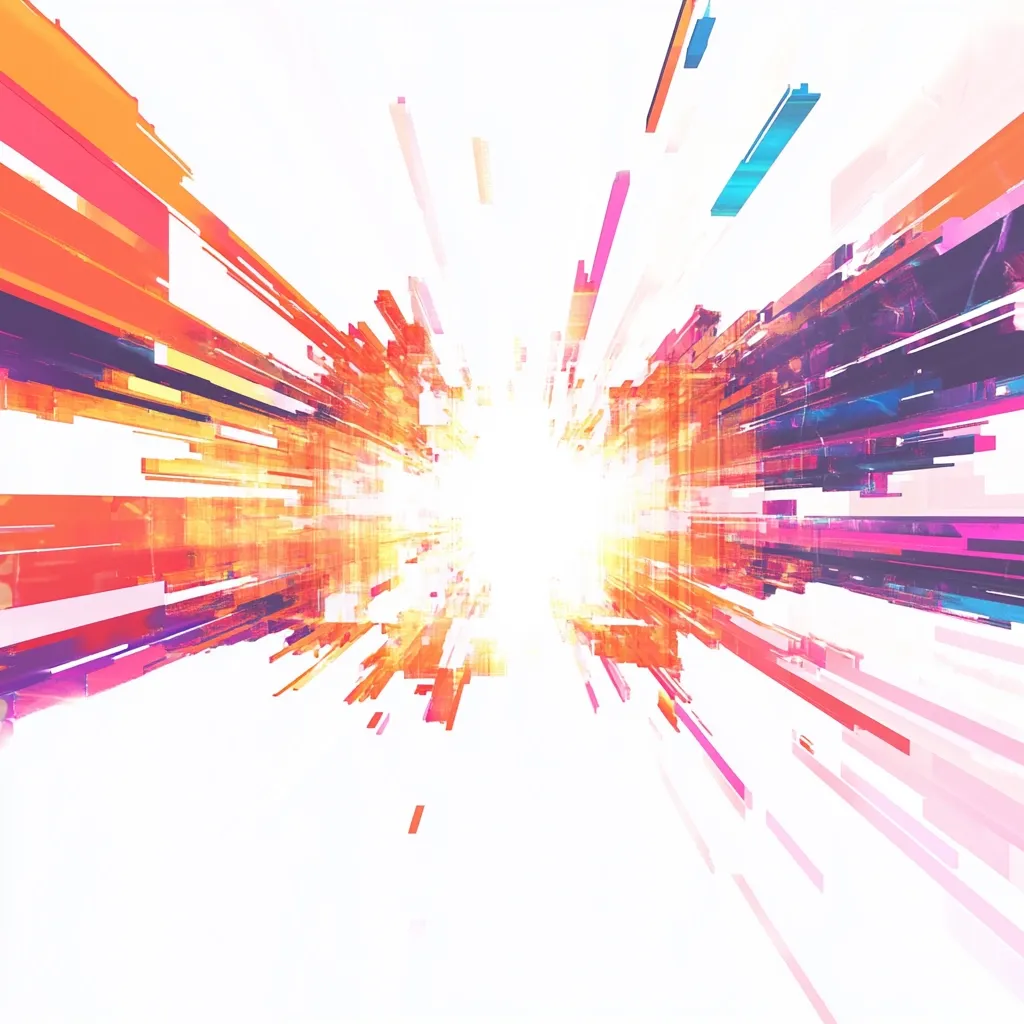 The image is an abstract representation of a tunnel or pathway, rendered in vibrant, contrasting colors.  Numerous rectangular shapes, in shades of orange, pink, purple, and blue, radiate outwards from a central, bright white point, creating a sense of depth and movement. The style is digital and futuristic, suggesting speed and energy.  The overall effect is dynamic and visually striking.