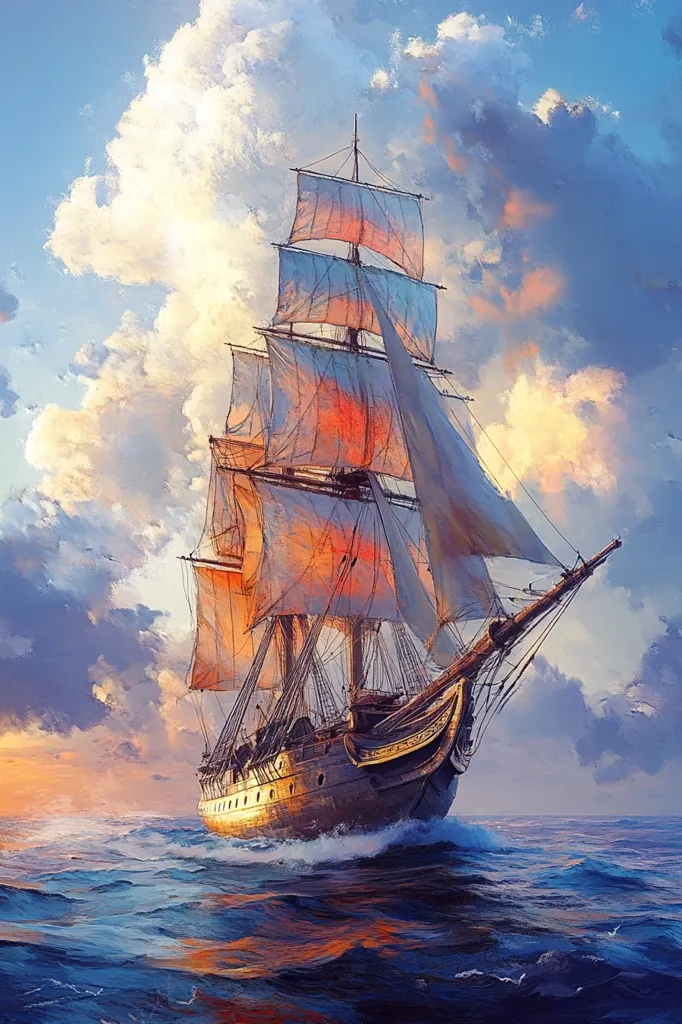 A majestic sailing ship glides across a vibrant ocean under a breathtaking sunset sky.  Its sails, filled with the warm hues of the setting sun, catch the gentle breeze.  The ship's hull is dark wood, contrasting beautifully with the bright canvas. Clouds drift lazily overhead, creating a dramatic and peaceful scene. The ocean reflects the fiery colors of the sky, adding to the overall magical atmosphere.