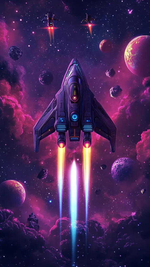 A futuristic spaceship, propelled by vibrant, multicolored thrusters, streaks through a cosmic landscape.  Surrounding it are nebulae in shades of purple and pink, scattered asteroids, and planets of varying sizes and colors. Two smaller spacecraft trail behind, creating a dynamic scene of interstellar travel. The image is rich with detail and saturated color, capturing the awe-inspiring vastness of space.