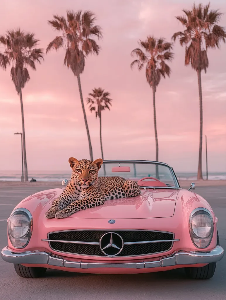 A pink classic Mercedes-Benz convertible sits in a parking lot at sunset.  Several palm trees line the background, silhouetted against a soft pink sky.  A leopard is casually lounging on the hood of the car, creating a striking and luxurious image. The scene evokes a sense of carefree elegance and exotic beauty.