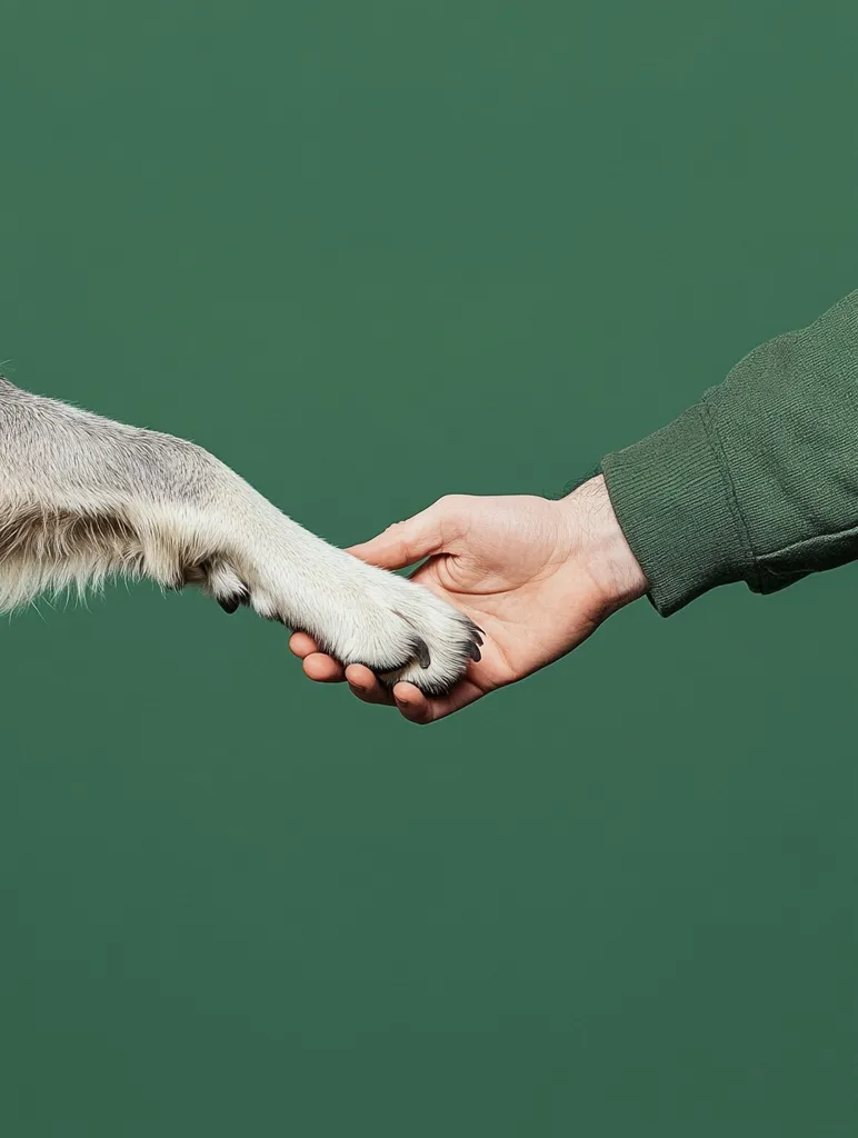 Against a deep green background, a dog's paw gently rests in a human hand.  The image showcases a heartwarming moment of connection between human and animal, emphasizing the bond of companionship. The dog's paw is light-colored with dark nails, contrasting with the person's fair skin. The simple composition focuses on the tactile interaction.