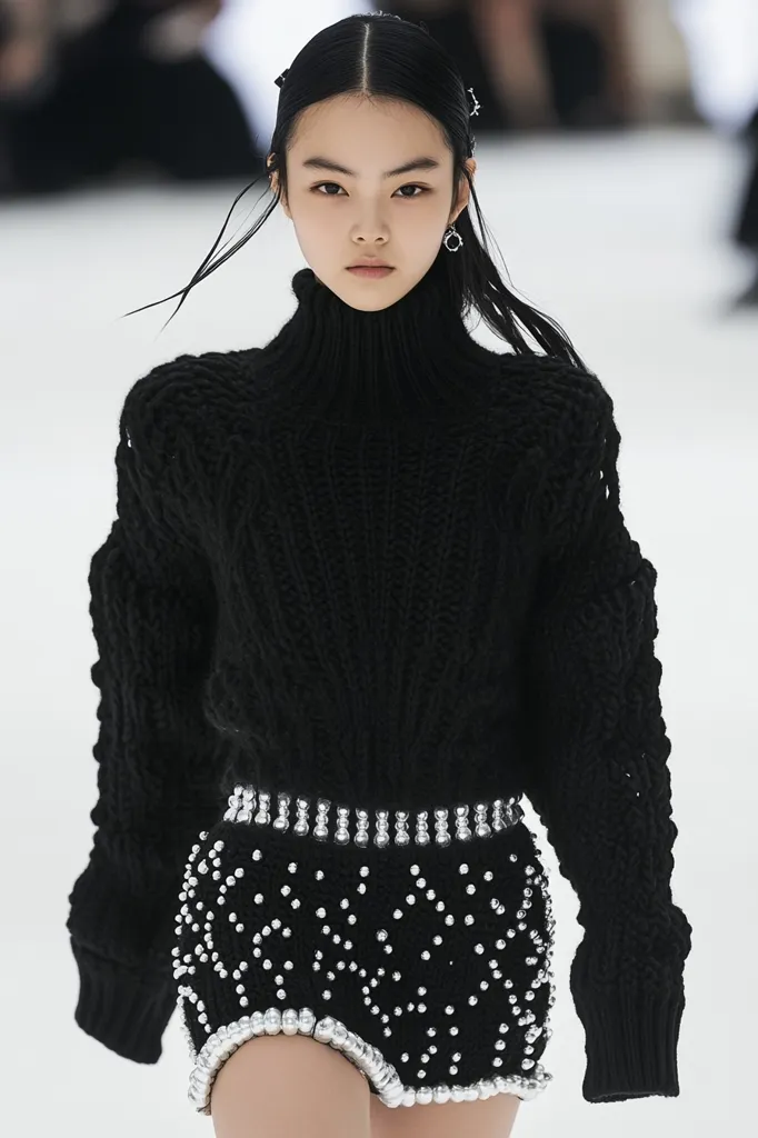A young woman with dark hair styled back models a black chunky knit turtleneck sweater and embellished shorts.  The shorts feature a silver beaded waistband and decorative detailing. Her makeup is minimal, and she wears small earrings. The overall style is chic and modern.  The setting appears to be a runway or fashion show.