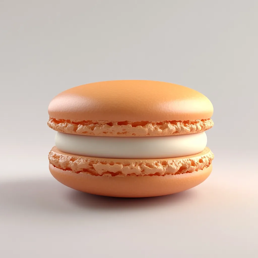 A single, light orange macaron is presented against a muted background.  The macaron features a smooth, slightly glossy shell and a visible layer of creamy white filling sandwiched between two delicate, textured halves.  The image is sharply focused, highlighting the details of the pastry's texture and color.