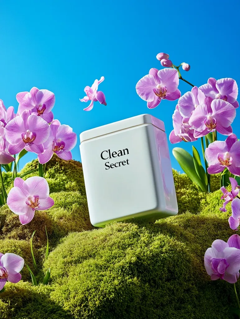 A white box labeled "Clean Secret" rests on a bed of vibrant green moss.  Surrounding the box are numerous delicate, light purple orchids, some in bloom and others in bud. The scene is set against a bright, clear blue sky, creating a fresh and clean aesthetic.  The overall image evokes a sense of serenity and natural beauty.