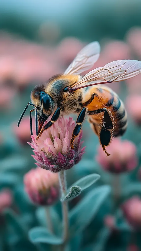 A close-up shot reveals a honeybee delicately perched on a vibrant pink flower.  The bee's intricate details, from its fuzzy body to its translucent wings, are sharply in focus.  The soft, blurred background showcases a field of similar pink blossoms, creating a serene and natural ambiance. The image emphasizes the beauty of nature and the symbiotic relationship between bees and flowers.