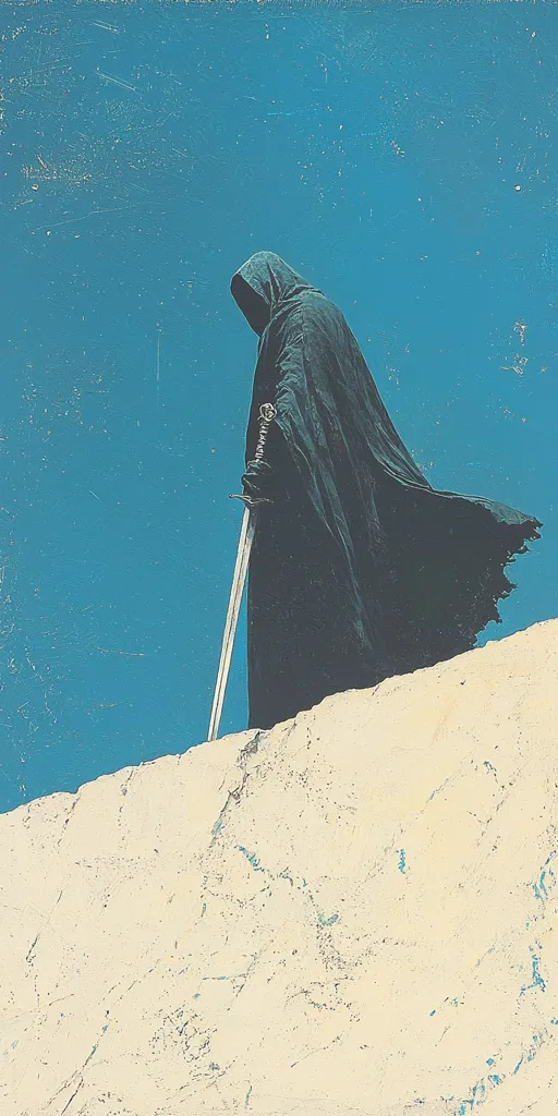 A cloaked figure, possibly a warrior or sorcerer, stands on a pale, textured cliff against a vibrant blue sky.  The figure holds a long sword, their face obscured by a deep hood.  The image has a vintage, textured aesthetic, suggesting age and mystery. The overall mood is one of solitude and perhaps foreboding.