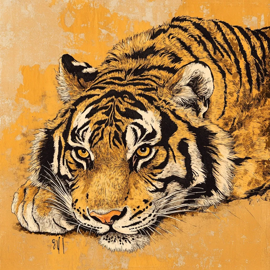A detailed close-up illustration depicts a tiger's head and shoulders, resting its forepaws on a textured, gold-toned background.  The tiger's fur is meticulously rendered with black ink lines on an orange base, highlighting its stripes and texture.  Its amber eyes gaze intently forward, creating a powerful and captivating image.  The style suggests a blend of realism and graphic art.