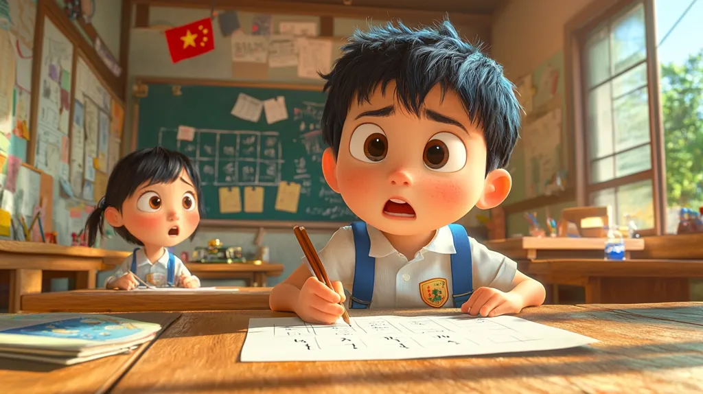 Two animated children sit at desks in a sunlit classroom. A boy with large eyes looks concerned as he writes on a worksheet, while a girl beside him gazes with a surprised expression. The classroom features a chalkboard, posters, and a Chinese flag, suggesting an East Asian setting. The scene is warm and inviting, indicative of a children's animation style.  The focus is on the boy's apparent struggle with his work.