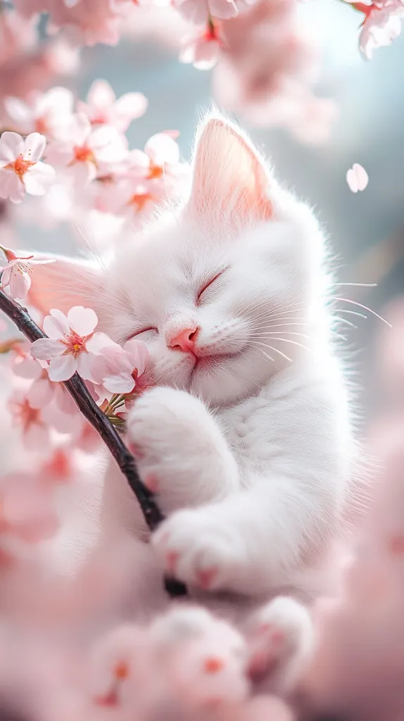 A fluffy white kitten sleeps peacefully nestled amongst delicate pink cherry blossoms.  Its eyes are closed, and its paws are tucked gently under its chin.  Soft sunlight filters through the blossoms, creating a serene and idyllic scene. The overall image evokes feelings of springtime, gentleness, and tranquility.