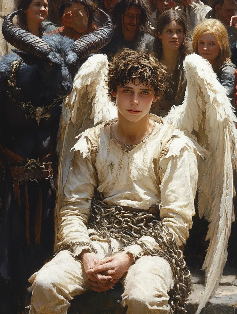 A young, winged man, chained and seated, is the focal point of the painting.  He has curly brown hair and fair skin, his expression serene despite his bonds. Flanking him are onlookers—a dark, horned creature resembling a goat, and a group of women and men, their faces conveying a mixture of curiosity and apprehension. The scene suggests a narrative of conflict or captivity within a fantastical setting.  The style is painterly, with visible brushstrokes, and a rich palette of muted earth tones.