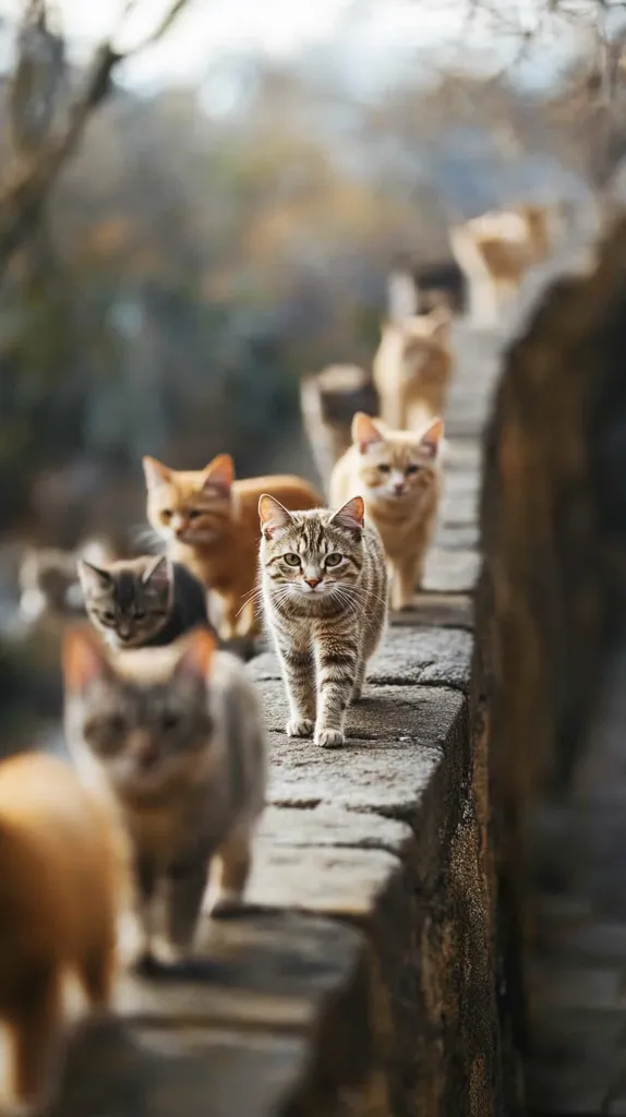 A captivating procession of cats strides along a weathered stone wall.  The leading cat, a tabby, commands attention, followed by a line of ginger and grey felines, their blurred forms creating a sense of depth and movement.  The background is softly focused, showcasing a tranquil outdoor setting.  The image evokes a feeling of quiet determination and feline camaraderie.