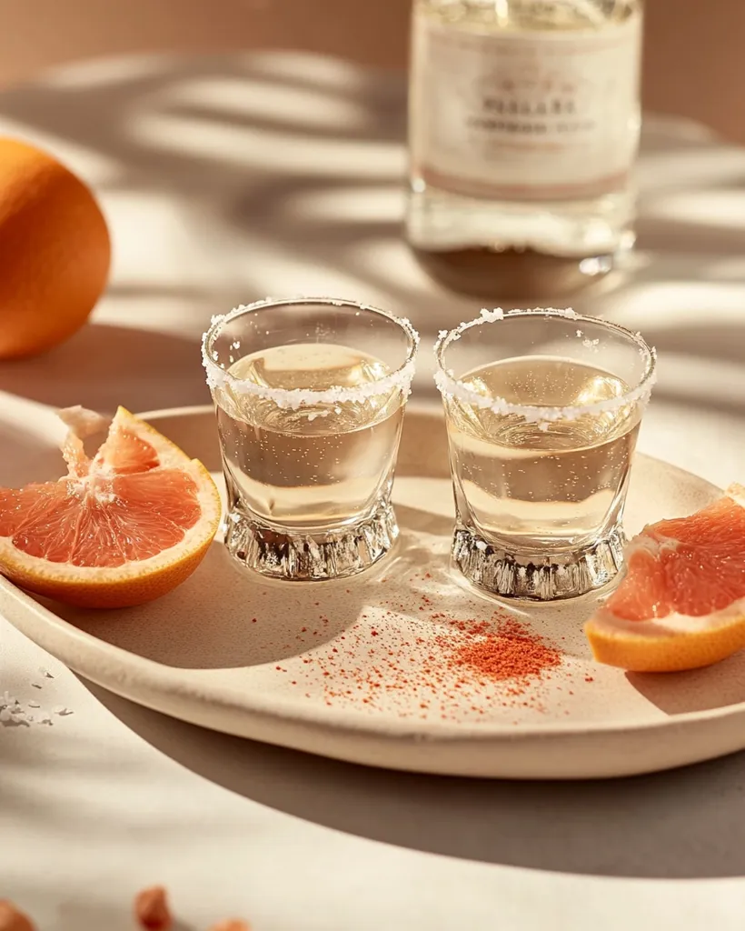Two small glasses rimmed with salt contain a light-colored alcoholic beverage.  Slices of grapefruit and a sprinkle of red spice rest on a beige platter alongside the drinks.  A bottle of liquor is blurred in the background, casting shadows on the softly lit scene.  The overall aesthetic is minimalist and sophisticated.