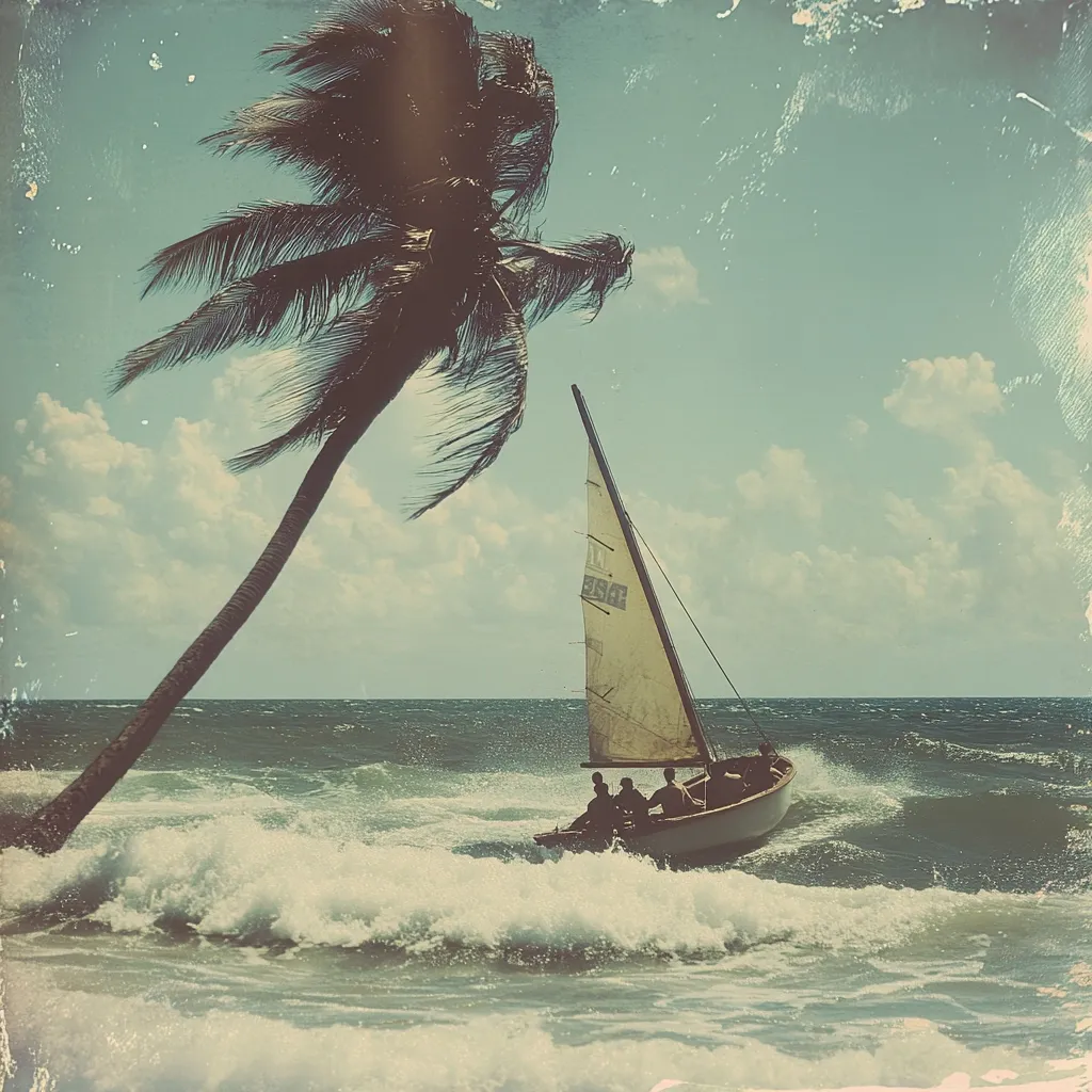A vintage-styled photograph depicts a small sailboat with three passengers navigating choppy ocean waves.  A leaning palm tree dominates the left foreground, its fronds swaying in the breeze. The sky is partly cloudy, with a soft, muted color palette enhancing the nostalgic feel.  The overall scene evokes a sense of tropical adventure and carefree sailing.