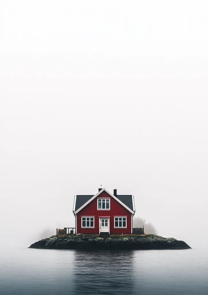 A solitary red house sits on a small, rocky island in a calm body of water.  The minimalist scene is shrouded in a light fog, creating a serene and isolated atmosphere. The house's bright red contrasts sharply with the muted greys of the sky and water, making it the focal point of the image.  The overall mood is peaceful and tranquil.