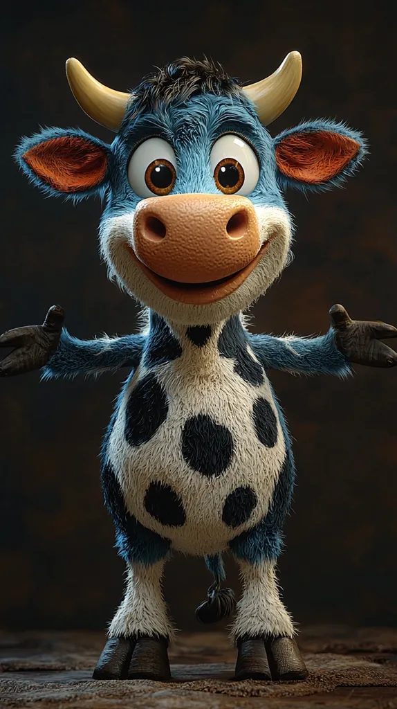 A charming, cartoonish blue cow with black spots stands invitingly, arms outstretched.  Its fluffy fur, large expressive eyes, and cheerful expression create a cuddly and friendly appearance. The cow's horns are a light tan, contrasting its blue body.  The image is rendered with high detail, emphasizing the texture of the fur and the cow's expressive features.  It's set against a dark, rustic backdrop.