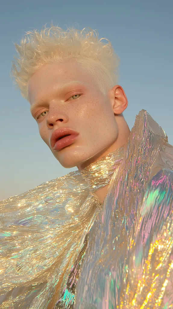 Close-up portrait of a young man with albinism.  His short, bleached blonde hair contrasts with his pale skin and light eyes. He wears a shimmering, iridescent gold fabric draped around his neck and shoulders, creating a striking visual effect against the clear blue sky. The image is brightly lit, emphasizing the textures of both his skin and the fabric.