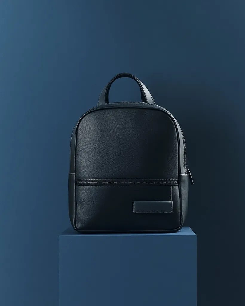 A sleek, black leather backpack sits on a dark blue cube against a matching backdrop.  The minimalist design features a small, rectangular label on the front and clean lines. The bag's smooth texture and sophisticated style suggest a professional or urban aesthetic.  The dark blue setting provides a clean, contemporary contrast to the black backpack.