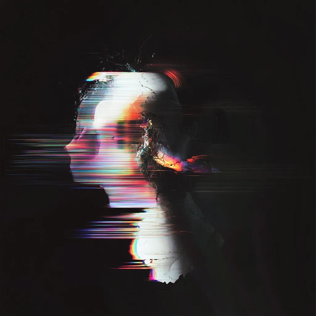 A digital artwork depicting a fragmented profile of a person's head and shoulders.  The image is dominated by dark tones, with streaks of vibrant, multicolored light creating a glitch effect.  The figure appears partially obscured and distorted, conveying a sense of mystery and digital decay.  The overall aesthetic is dark, abstract, and somewhat unsettling.
