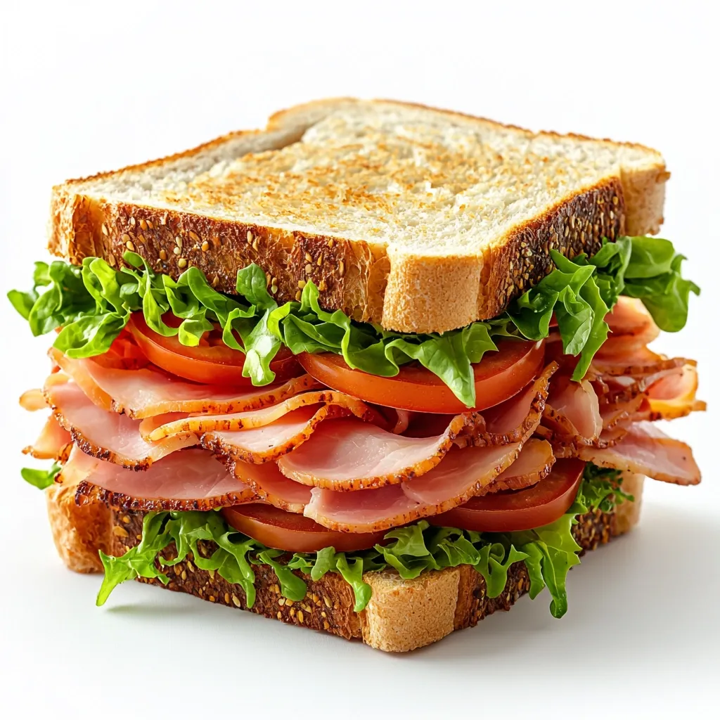 A delicious-looking sandwich is featured, filled with thinly sliced ham, fresh lettuce, and juicy tomato slices.  The toasted bread is studded with seeds, and the entire sandwich is layered generously. It is presented on a white background, highlighting its appetizing appearance.