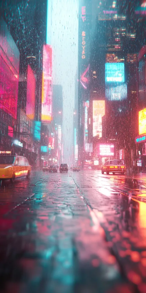 A rain-soaked city street at night, illuminated by vibrant neon signs reflecting in the wet pavement. Cars drive through the downpour, their lights cutting through the atmospheric haze.  The scene is a blend of cyberpunk aesthetics and urban realism, with a focus on the interplay of light and water.  The overall mood is moody and atmospheric.